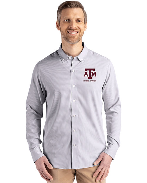 Texas A&M Aggies Alumni Cutter & Buck Skyline Epic Confidence Recycled Pinstripe Mens Big & Tall Long Sleeve Dress Shirt Elemental Grey/White Front
