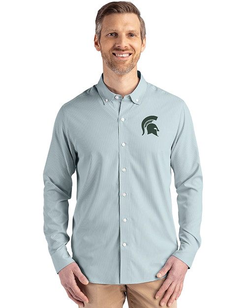Michigan State Spartans Cutter & Buck Skyline Epic Confidence Recycled Pinstripe Mens Big & Tall Long Sleeve Dress Shirt Hunter/White Front