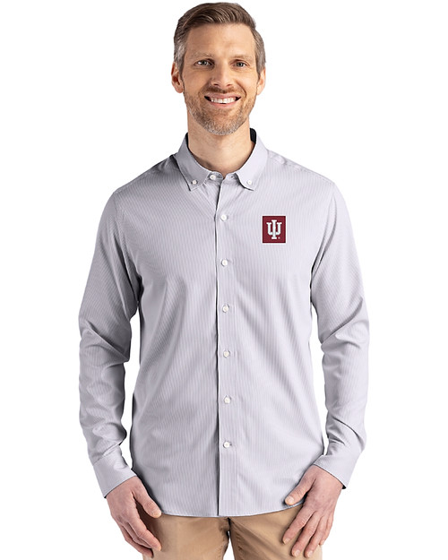 Indiana Hoosiers - Cutter & Buck Skyline Epic Confidence Recycled Pinstripe Mens Big & Tall Long Sleeve Dress Shirt Elemental Grey/White Front
