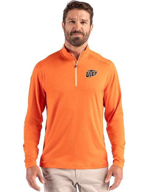 Texas El Paso Miners Cutter & Buck Coastline Epic Comfort Recycled Mens Quarter Zip College Orange Front