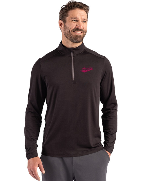 New Mexico State Aggies College Vault Cutter & Buck Coastline Epic Comfort Recycled Mens Quarter Zip Black Front
