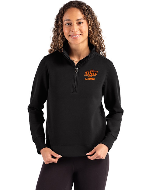 Oklahoma State Cowboys Alumni Cutter & Buck Roam Epic Versatility Recycled Womens Quarter Zip Pullover Black Front