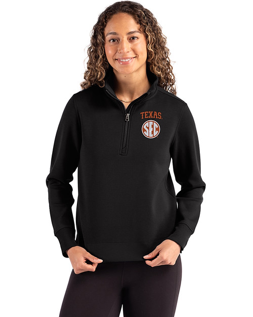 Texas Longhorns SEC Cutter & Buck Roam Epic Versatility Recycled Womens Quarter Zip Pullover Black Front