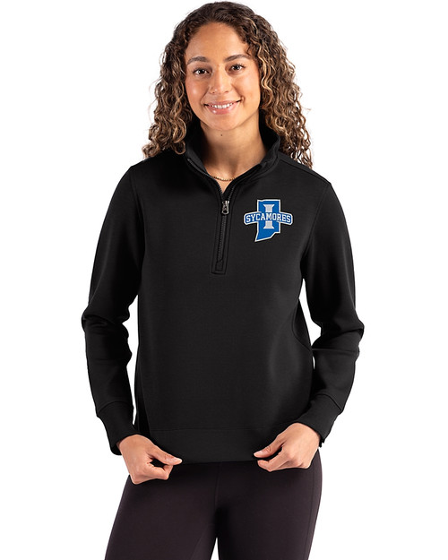 Indiana State Sycamores Cutter & Buck Roam Epic Versatility Recycled Womens Quarter Zip Pullover Black Front