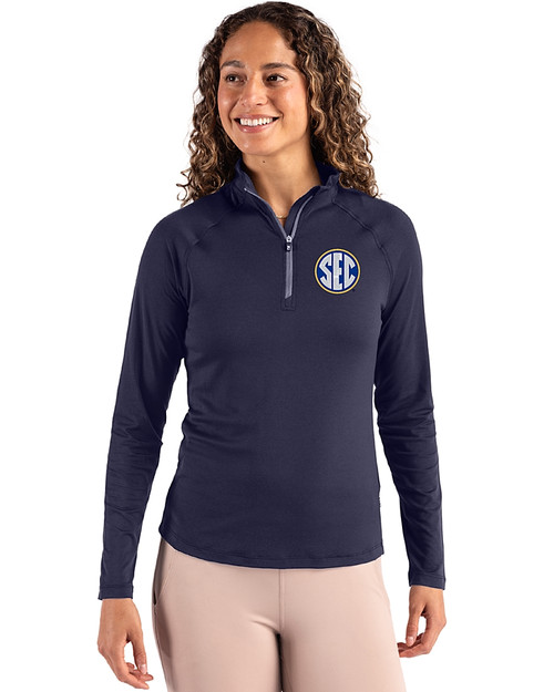 SEC Conference Cutter & Buck Coastline Epic Comfort Recycled Women’s Quarter Zip Navy Blue Front
