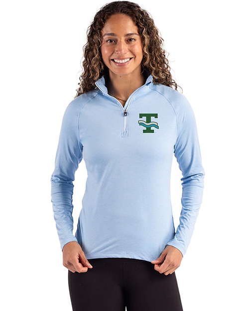 Tulane Green Wave College Vault Cutter & Buck Coastline Epic Comfort Recycled Women’s Quarter Zip Atlas Light Blue Front