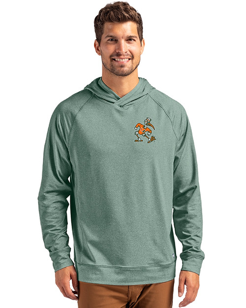 Miami Hurricanes Vintage Cutter & Buck Adapt Knit Recycled Mens Heathered Hooded Pullover Hunter Heather Front