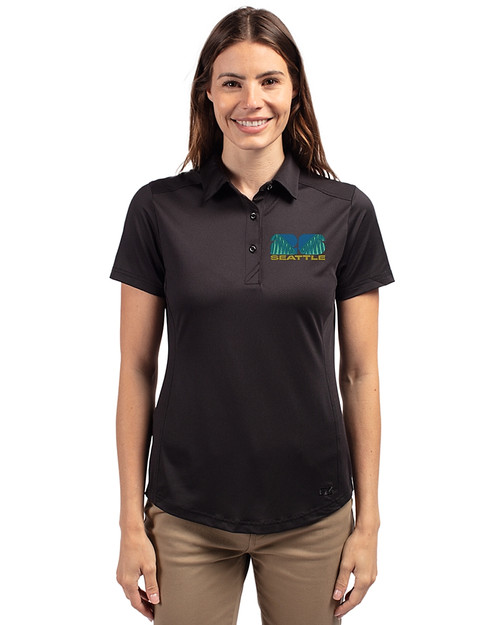 2026 Seattle FIFA World Cup Cutter & Buck Prospect Eco Textured Stretch Recycled Womens Short Sleeve Polo Black Front