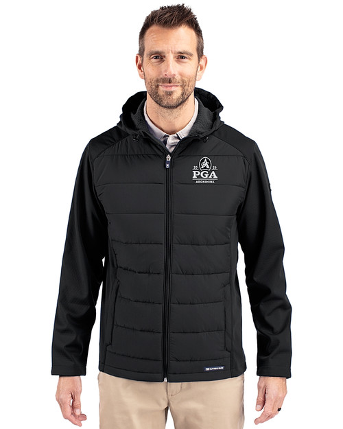 2026 PGA Championship Cutter & Buck Evoke Hybrid Softshell Recycled Full Zip Mens Hooded Jacket Black Front