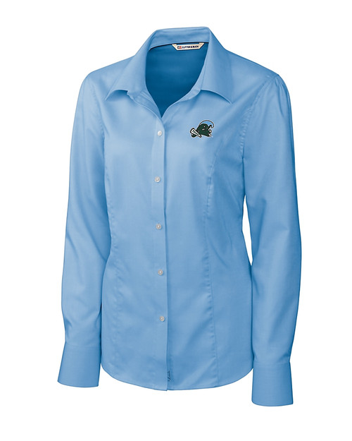Tulane Green Wave Cutter & Buck Epic Easy Care Nailshead Womens Long Sleeve Dress Shirt Atlas Light Blue Mannequin
