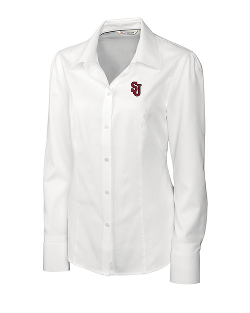 St Johns Red Storm Cutter & Buck Epic Easy Care Nailshead Womens Long Sleeve Dress Shirt White Mannequin