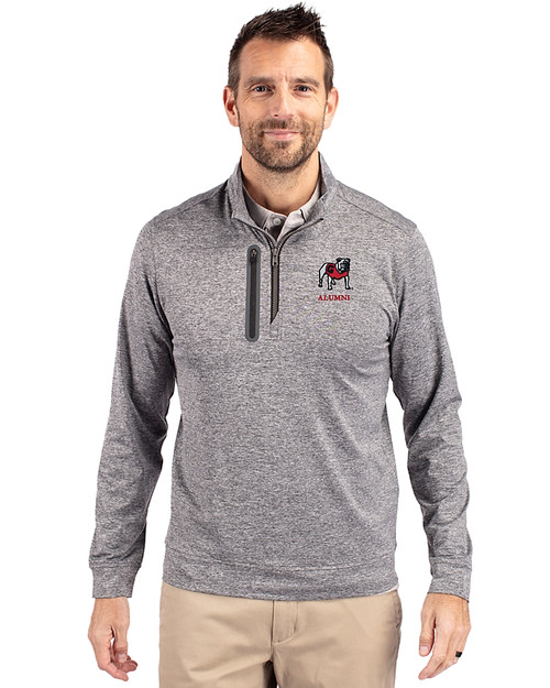 Georgia Bulldogs Alumni Cutter & Buck Stealth Heathered Quarter Zip Mens Pullover Elemental Grey Front
