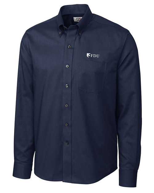 Fairleigh Dickinson Knights Cutter & Buck Epic Easy Care Nailshead Mens Long Sleeve Dress Shirt Navy Blue Mannequin