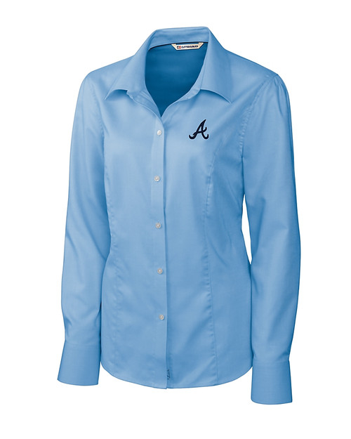 Atlanta Braves Cutter & Buck Epic Easy Care Nailshead Womens Long Sleeve Dress Shirt Atlas Light Blue Mannequin