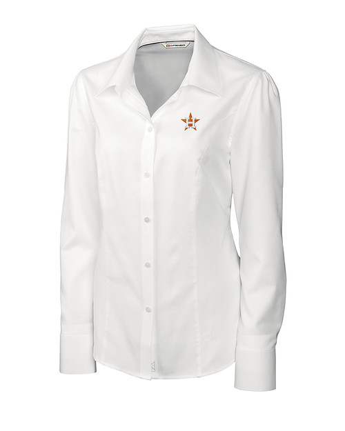 Houston Astros Cutter & Buck Epic Easy Care Nailshead Womens Long Sleeve Dress Shirt White Mannequin