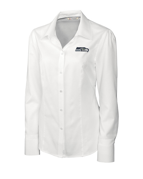 Seattle Seahawks Cutter & Buck Epic Easy Care Nailshead Womens Long Sleeve Dress Shirt White Mannequin