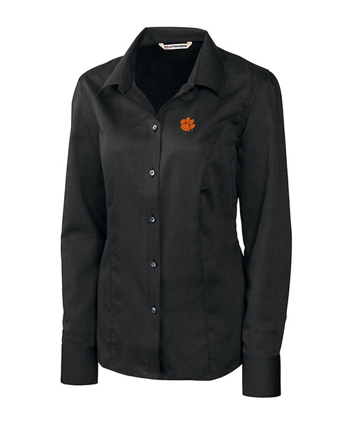 Clemson Tigers Cutter & Buck Epic Easy Care Nailshead Womens Long Sleeve Dress Shirt Black Mannequin