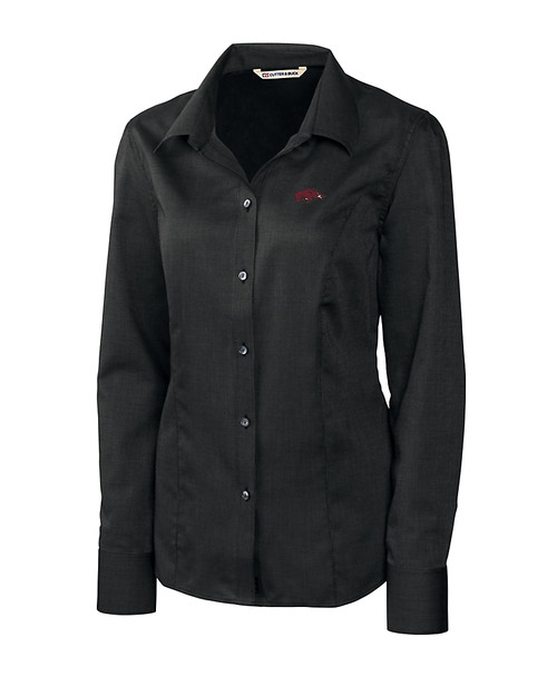 Arkansas Razorbacks Cutter & Buck Epic Easy Care Nailshead Womens Long Sleeve Dress Shirt Black Mannequin