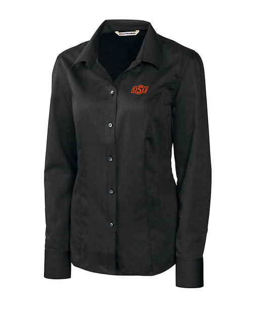 Oklahoma State Cowboys Cutter & Buck Epic Easy Care Nailshead Womens Long Sleeve Dress Shirt Black Mannequin