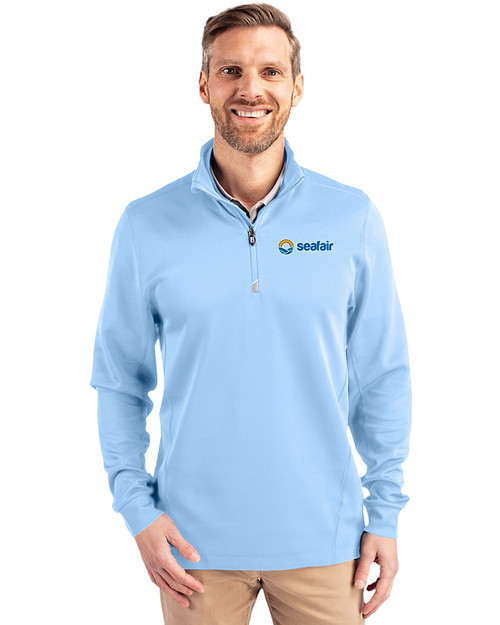 Seafair Cutter & Buck Traverse Stretch Eco Quarter Zip Mens Pullover Atlas Light Blue Front