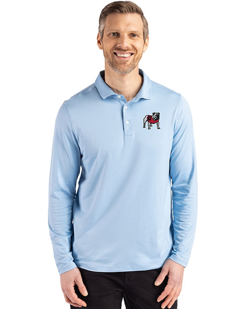 Georgia Bulldogs - Cutter & Buck Coastline Recycled Double Peached Mens Long Sleeve Polo Atlas Light Blue Front