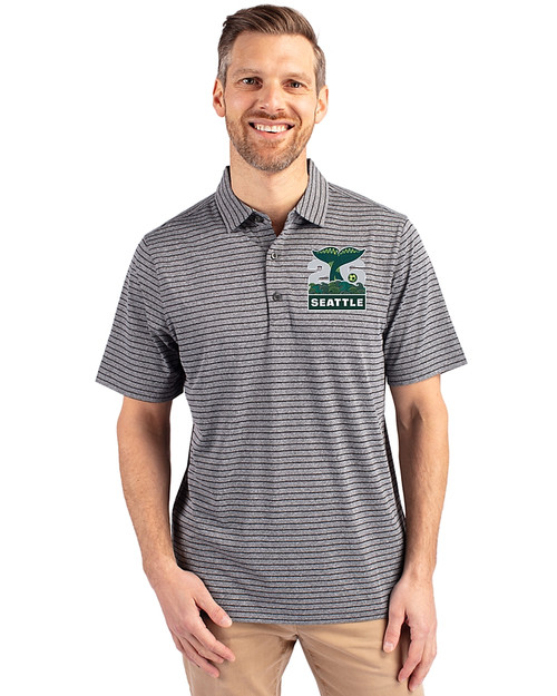 2026 Seattle FIFA World Cup Cutter & Buck Forge Eco Heather Stripe Stretch Recycled Mens Polo Black Heather Front