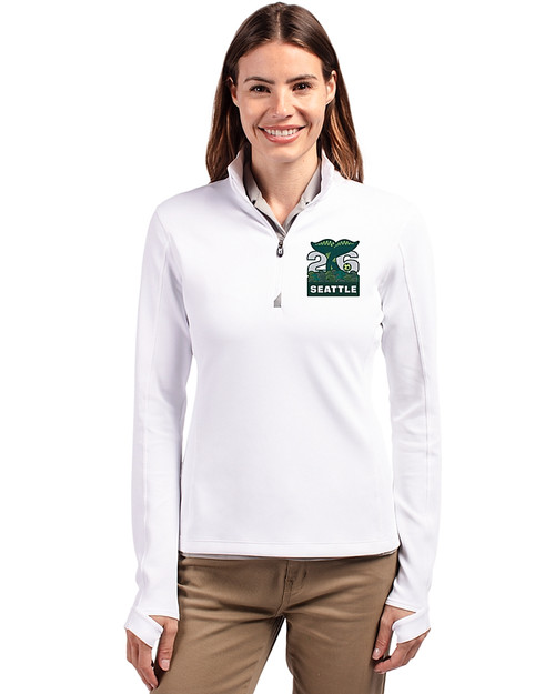 Seattle 2026 Soccer - Cutter & Buck Traverse Recycled Smooth Stretch Womens Quarter Zip Pullover White Front