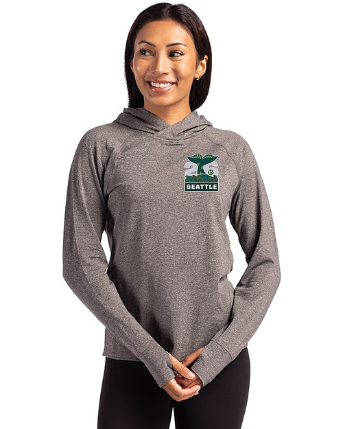2026 Seattle FIFA World Cup Cutter & Buck Adapt Eco Knit Heather Recycled Womens Hooded Pullover Black Heather Front