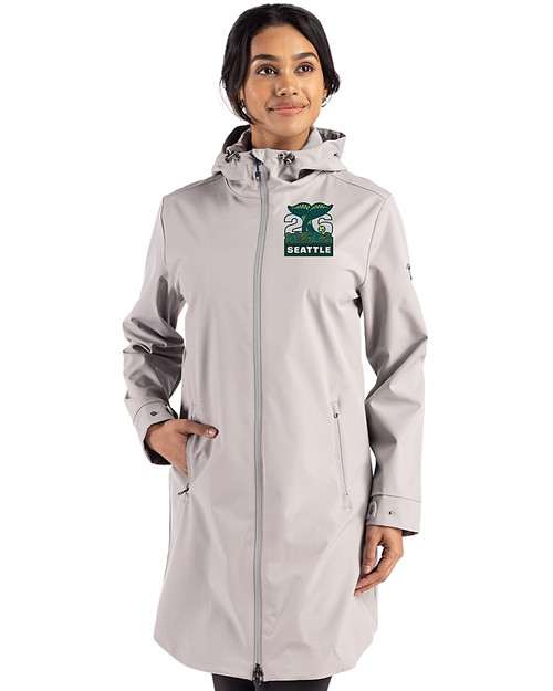 2026 Seattle FIFA World Cup - Cutter & Buck Camano Everyday Stretch Recycled Womens Water Resistant Jacket Polished Medium Gray Front