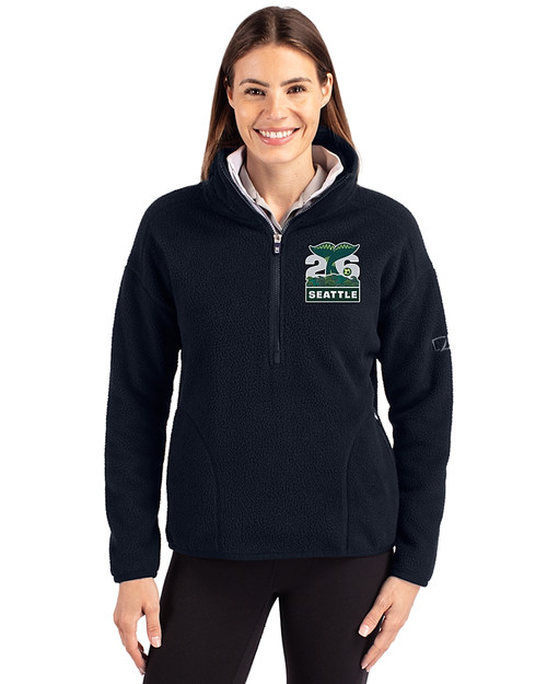 2026 Seattle FIFA World Cup Cutter & Buck Cascade Eco Sherpa Fleece Womens Pullover Jacket Navy Blue Front
