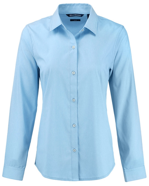 Cutter & Buck Skyline Recycled End on End Womens Long Sleeve Spread Collar Dress Shirt Atlas Light Blue Mannequin