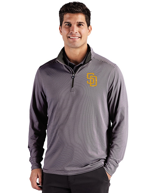 San Diego Padres Cutter & Buck Forge Epic Confidence Recycled Double Stripe Mens Quarter Zip Black/White Front
