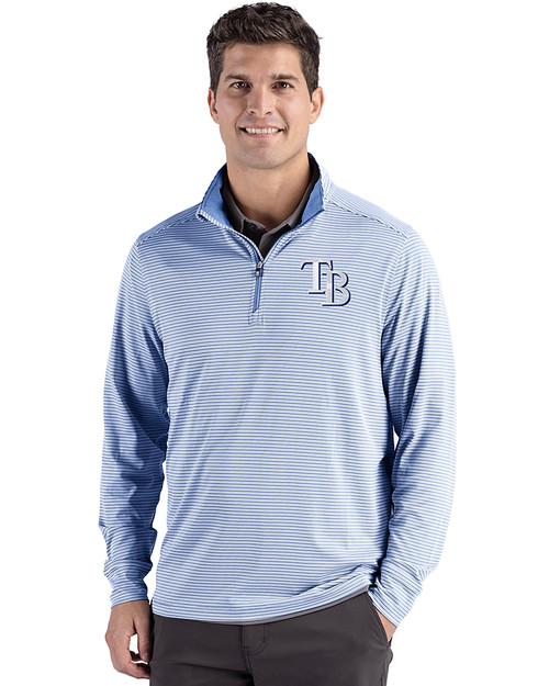 Tampa Bay Rays Cutter & Buck Forge Epic Confidence Recycled Double Stripe Mens Quarter Zip Atlas/White Front