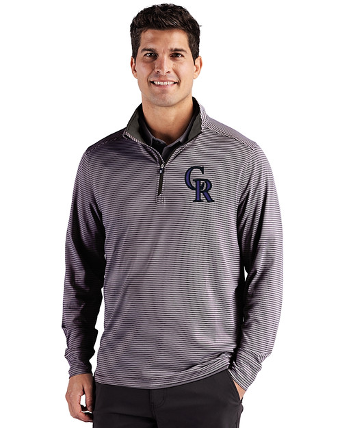Colorado Rockies Cutter & Buck Forge Recycled Double Stripe Four-Way Stretch Mens Quarter Zip Pullover Black/White Front