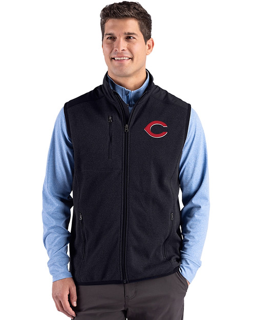 Cincinnati Reds Cutter & Buck Hunts Point Epic Comfort Recycled Mens Fleece Vest Black Front