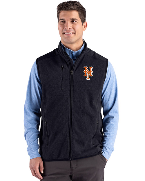 New York Mets Cutter & Buck Hunts Point Epic Comfort Recycled Mens Fleece Vest Black Front