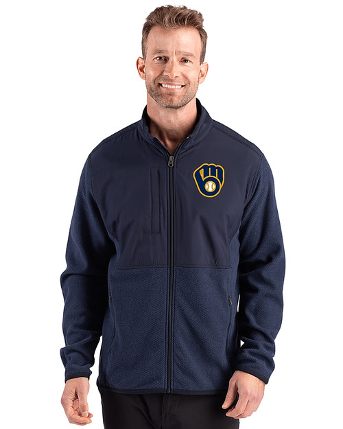 Milwaukee Brewers Cutter & Buck Hunts Point Epic Comfort Recycled Fleece Mens Hybrid Jacket Navy Blue Front