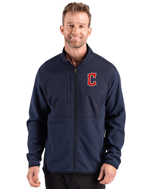 Cleveland Guardians - Cutter & Buck Hunts Point Recycled Fleece Mens Hybrid Full Zip Jacket
 Navy Blue Front
