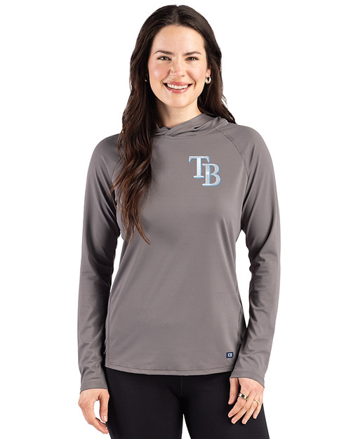 Tampa Bay Rays Cutter & Buck Prospect Epic Confidence Recycled Womens Hooded Pullover Elemental Grey Front