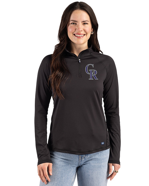 Colorado Rockies Cutter & Buck Prospect Epic Confidence Recycled Textured Stretch Womens Quarter Zip Black Front