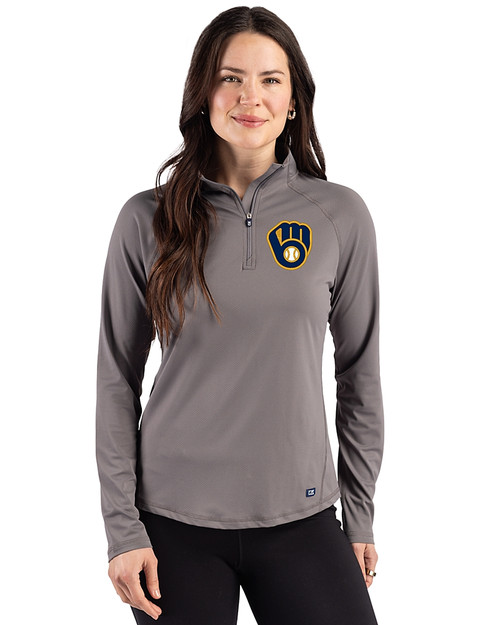 Milwaukee Brewers Cutter & Buck Prospect Epic Confidence Recycled Textured Stretch Womens Quarter Zip Elemental Grey Front
