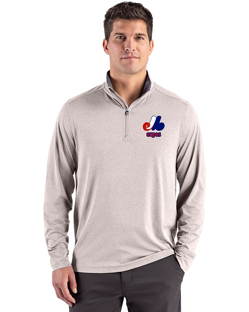 Montreal Expos Cooperstown Cutter & Buck Forge Recycled Four-Way Stretch Mens Big & Tall Quarter Zip Pullover Polished Heather Front