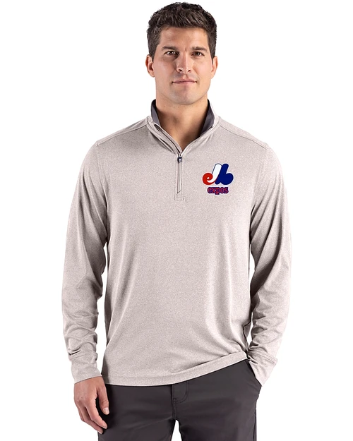 Montreal Expos Cooperstown Cutter & Buck Forge Recycled Four-Way Stretch Mens Quarter Zip Pullover Polished Heather Front