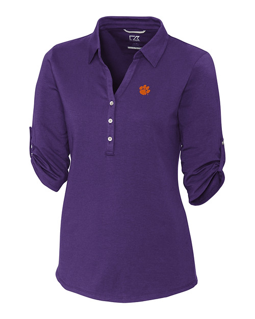 Clemson Tigers Cutter & Buck Womens Elbow-Sleeve Thrive Polo College Purple Mannequin