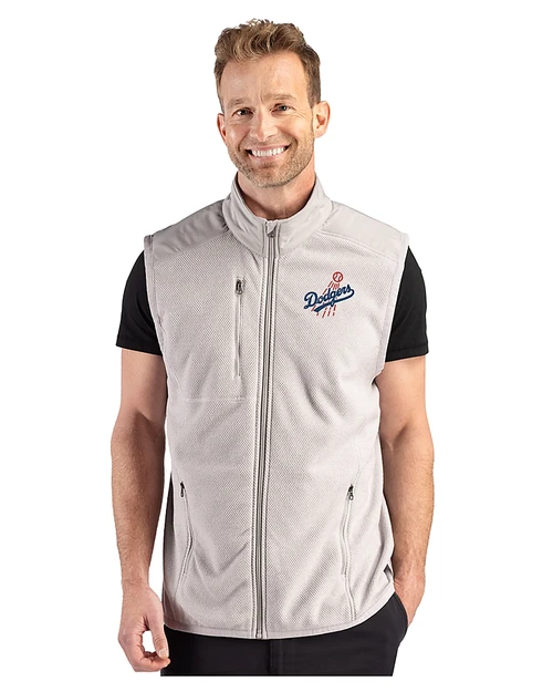 Los Angeles Dodgers Cooperstown Cutter & Buck Hunts Point Recycled Fleece Mens Hybrid Full Zip Vest Polished Medium Gray Front