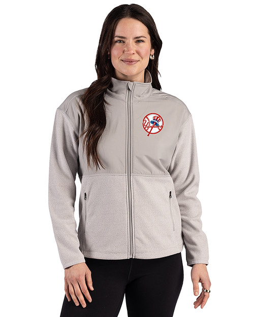 New York Yankees Cooperstown Cutter & Buck Hunts Point Epic Comfort Recycled Fleece Womens Hybrid Jacket Polished Medium Gray Front