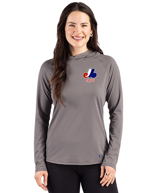 Montreal Expos Cooperstown Cutter & Buck Prospect Recycled  Featherlight Stretch Womens Hooded Pullover Elemental Grey Front