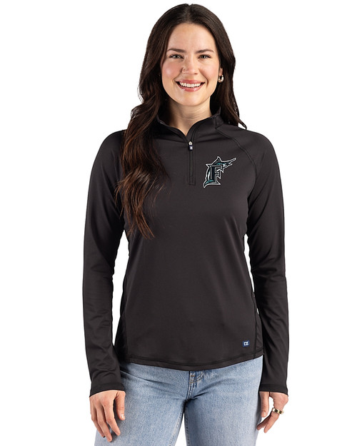 Miami Marlins Cooperstown Cutter & Buck Prospect Recycled Featherlight Stretch Womens Quarter Zip Black Front