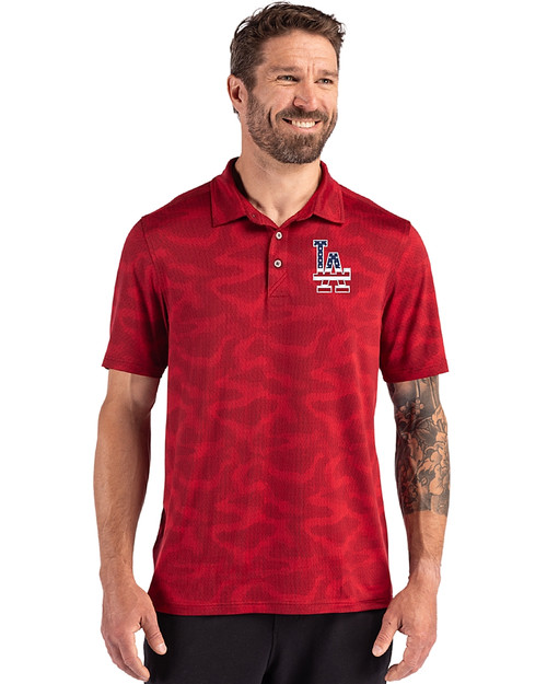 Los Angeles Dodgers Stars & Stripes Cutter & Buck Coastline Recycled Double Peached Camo Print Mens Polo Cardinal Red Front