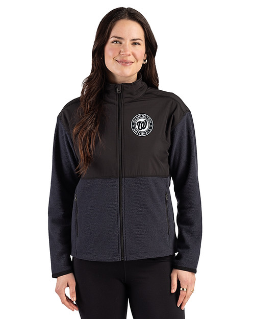 Washington Nationals Mono Cutter & Buck Hunts Point Epic Comfort Recycled Hybrid Fleece Womens Full Zip Jacket Black Front